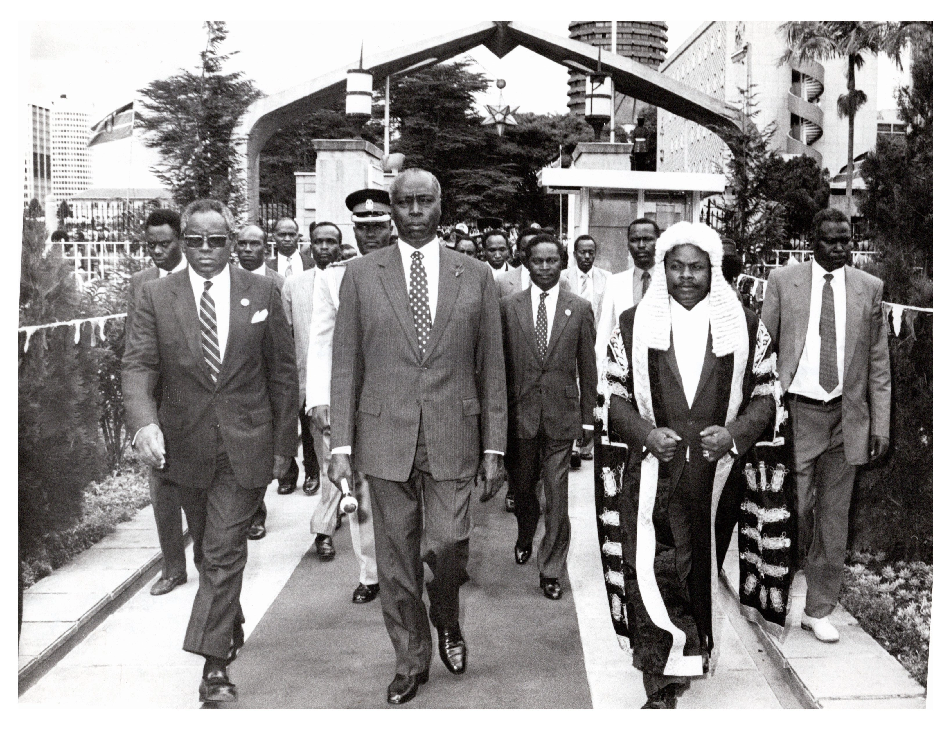 President Daniel arap Moi arriving at Parliament buildings when he officially opened the 6th National Assembly