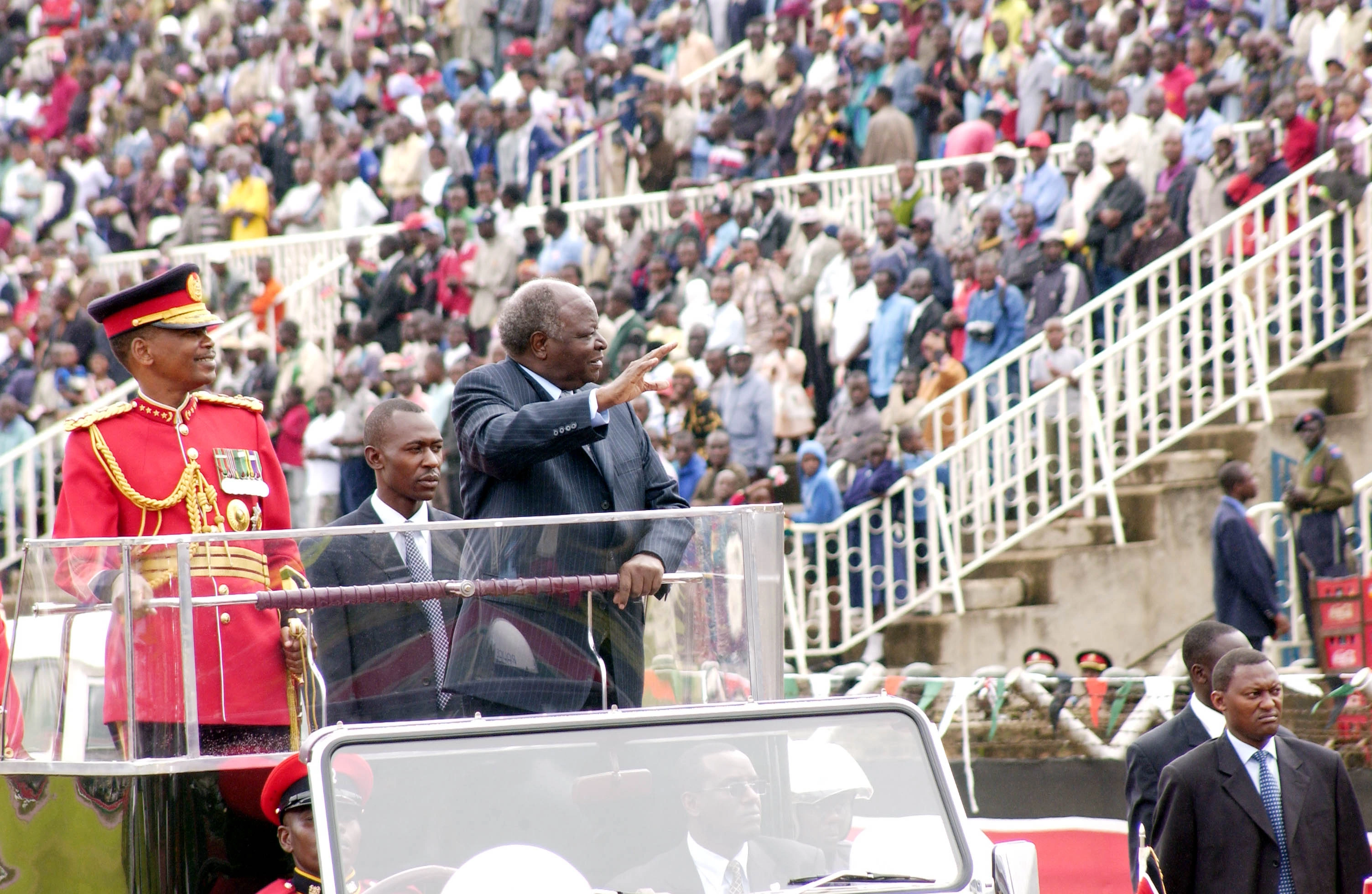 President Mwai Kibaki acknowleding greetings from Kenyans during Madaraka Day Celebrations at Nyayo National Stadium