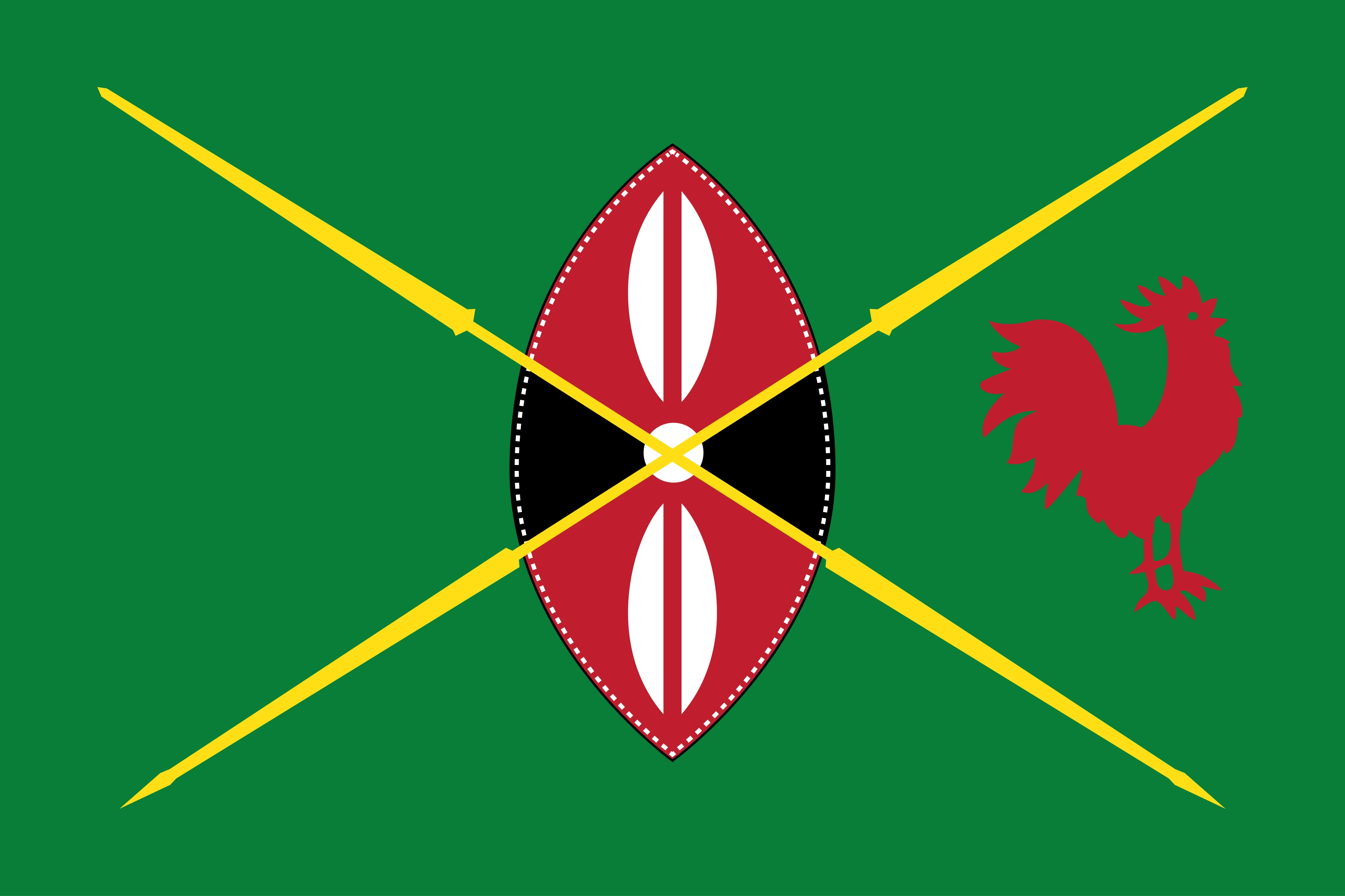 Green flag featuring two crossed yellow spears, a red, black and white shield at the centre and a red rooster on the right side.