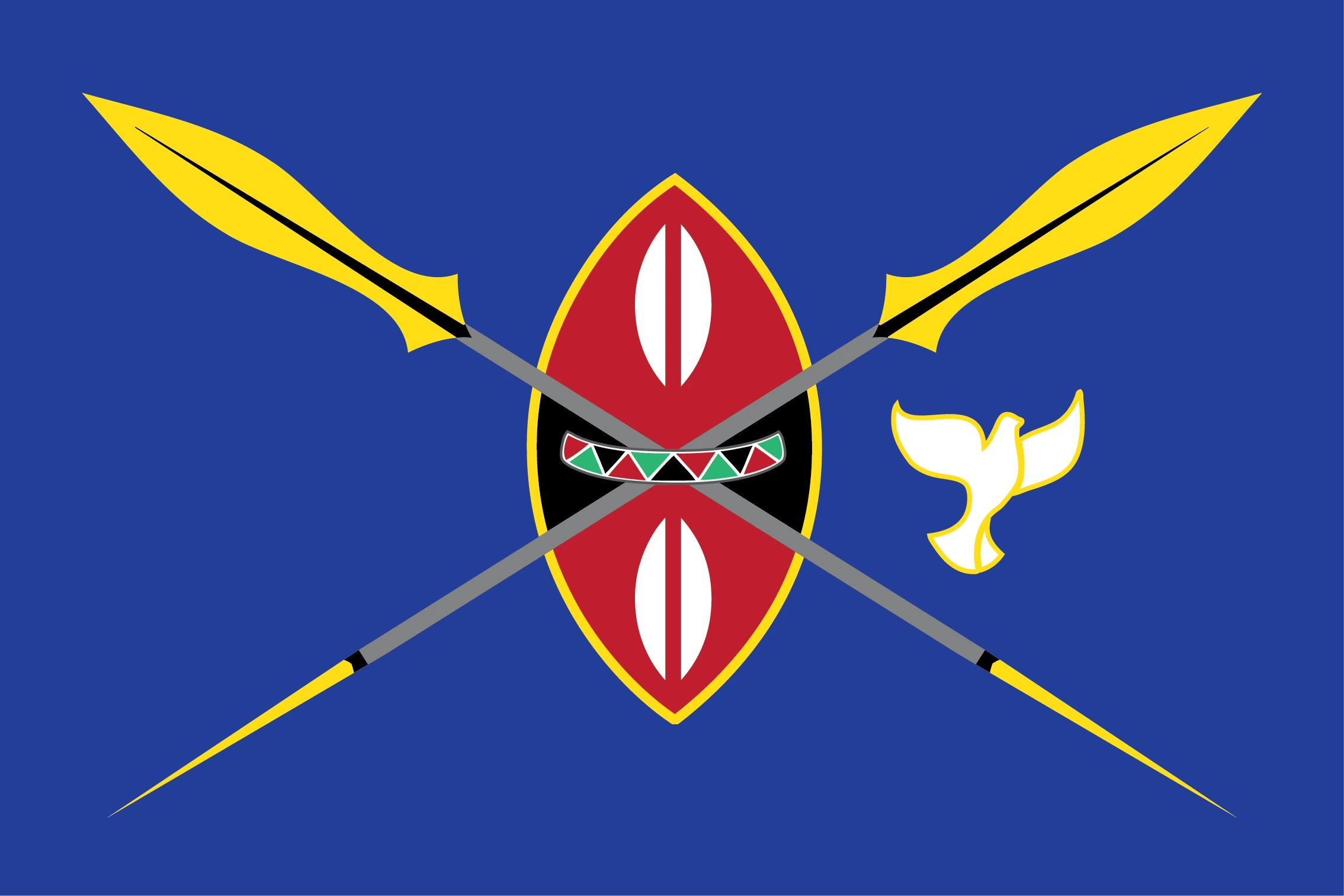 Blue flag featuring crossed three-toned spears with golden-yellow blades and gray and golden yellow shafts, and a centred red-black-and white Maasai shield, and a white dove symbol on the right side.