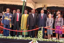 President Uhuru Kenyatta Inauguration as the 4th President of Kenya at Kasarani Stadium Photo with the 3rd President Mwai Kibaki DP William Ruto and CJ Mutunga