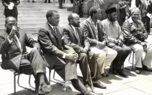 Kapenguria six former prisoners (from left to right) Kungu Karumba, Paul Ngei, Bildad Kaggia, Achieng Oneko, Fred Kubai and Jomo Kenyatta.webp
