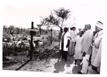 President Daniel arap Moi viewing some of the goats being auctioned at Kimalel goat auction Baringo District alongside Mr Ezekiel Barngetuny